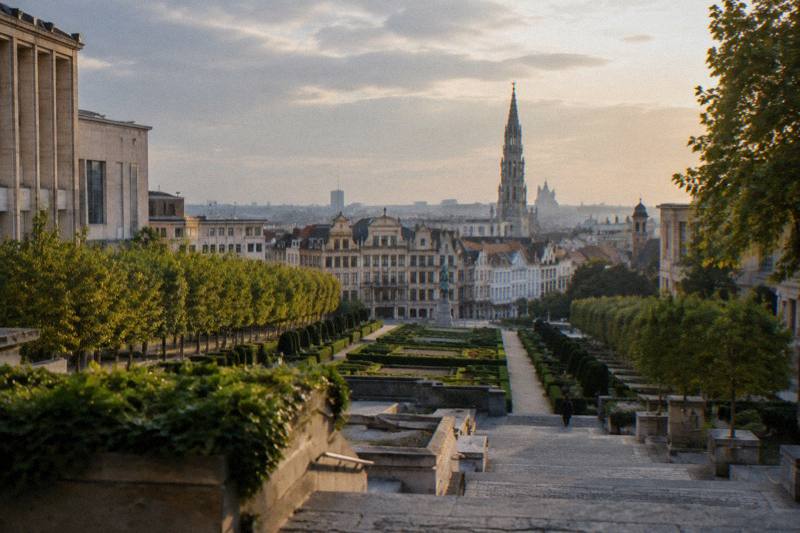 Soft late-afternoon light over the terraced Mont des Arts gardens in Brussels, Belgium, formal clipped hedges and stepped stone terraces falling toward the old town, the Gothic town hall spire and rooftops hazy in the distance, one tiny figure on the steps.
