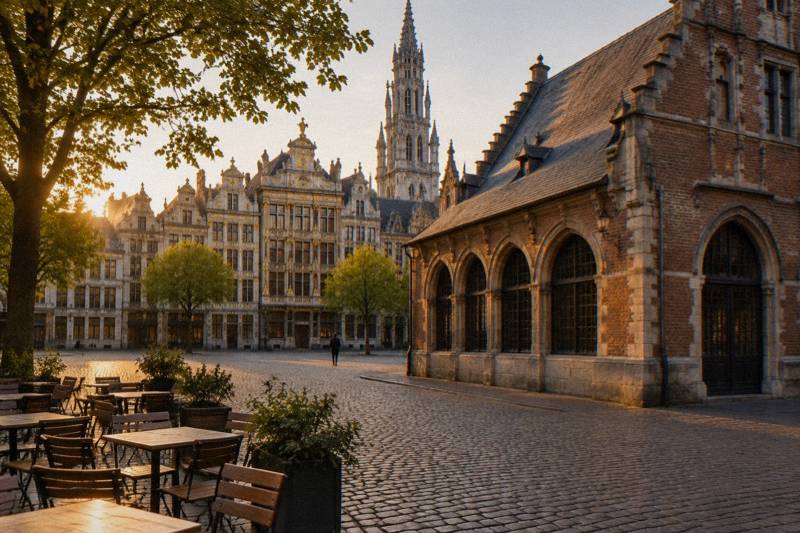 Luz dorada del atardecer en la Place Saint-Géry de Bruselas, Bélgica, un antiguo mercado de ladrillo al borde de una plaza empedrada con mesas y sillas de terraza vacías, fachadas sencillas alrededor y dos figuras diminutas a lo lejos.