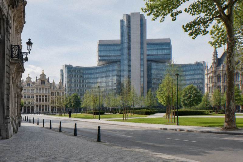 Bright mid-day in the European Quarter in Brussels, Belgium, a large cruciform glass-and-concrete office building from the 1960s beside a wide boulevard, tidy lawns and young trees in front, a pale sky, one or two tiny distant figures.