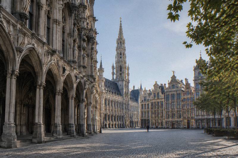 Tarde luminosa en la Grand-Place de Bruselas, Bélgica: la Maison du Roi de estilo neogótico con su arco apuntado y fina tracería de piedra en un lado de la plaza empedrada, la alta aguja del ayuntamiento visible al fondo, un par de figuras diminutas a lo lejos.
