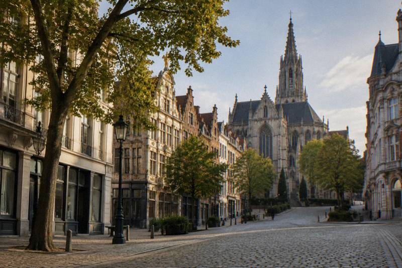 Warm afternoon on the Place du Grand Sablon in Brussels, Belgium, a sloping cobbled square of elegant old townhouses with plain shopfronts and chestnut trees, the Gothic Notre-Dame du Sablon church rising at the top, a few tiny distant figures.