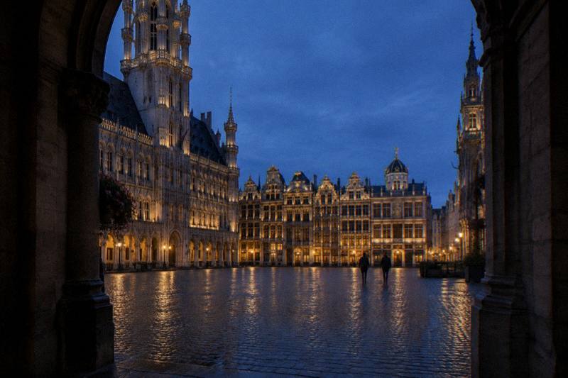 Hora azul en la Grand-Place de Bruselas, Bélgica, vista desde un arco en sombra, las fachadas doradas de los gremios iluminadas contra un cielo azul intenso, los adoquines húmedos reflejando la luz, dos figuras diminutas a lo lejos.