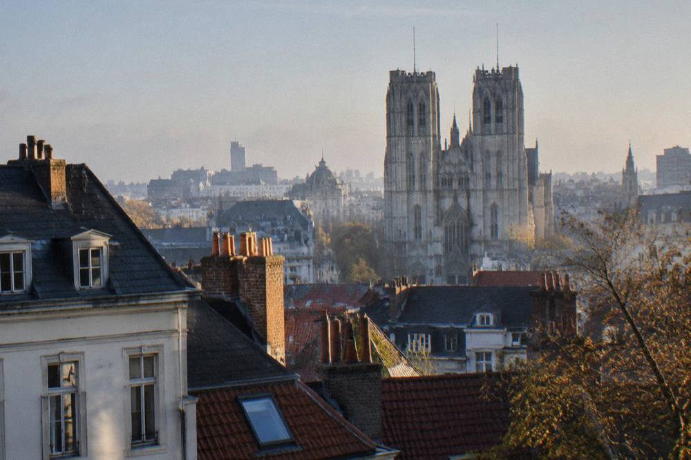The Gothic towers of the Cathedral of St Michael and St Gudula rising above Brussels rooftops