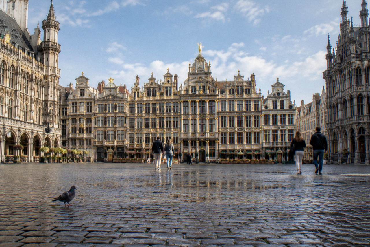 The guilded facades of Grand-Place in Brussels under a wide sky