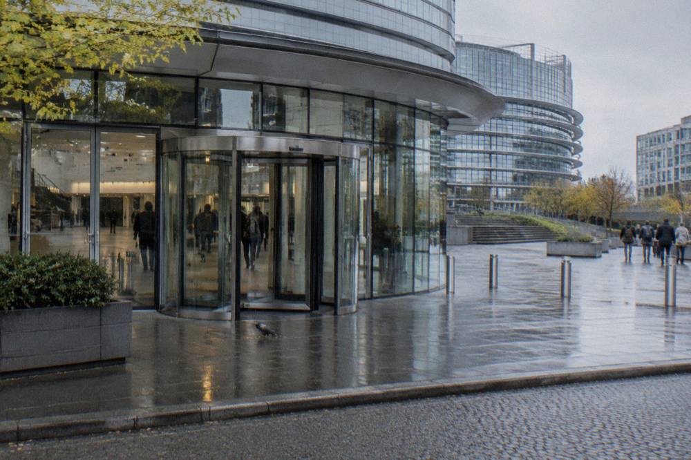 Visitors' centre entrance with multilingual signage in the European Quarter of Brussels