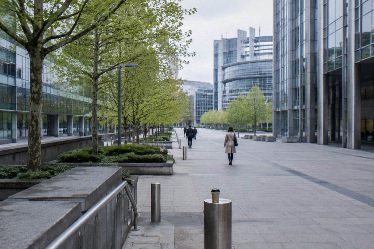 Modern glass buildings of the European Quarter in Brussels under a wide sky