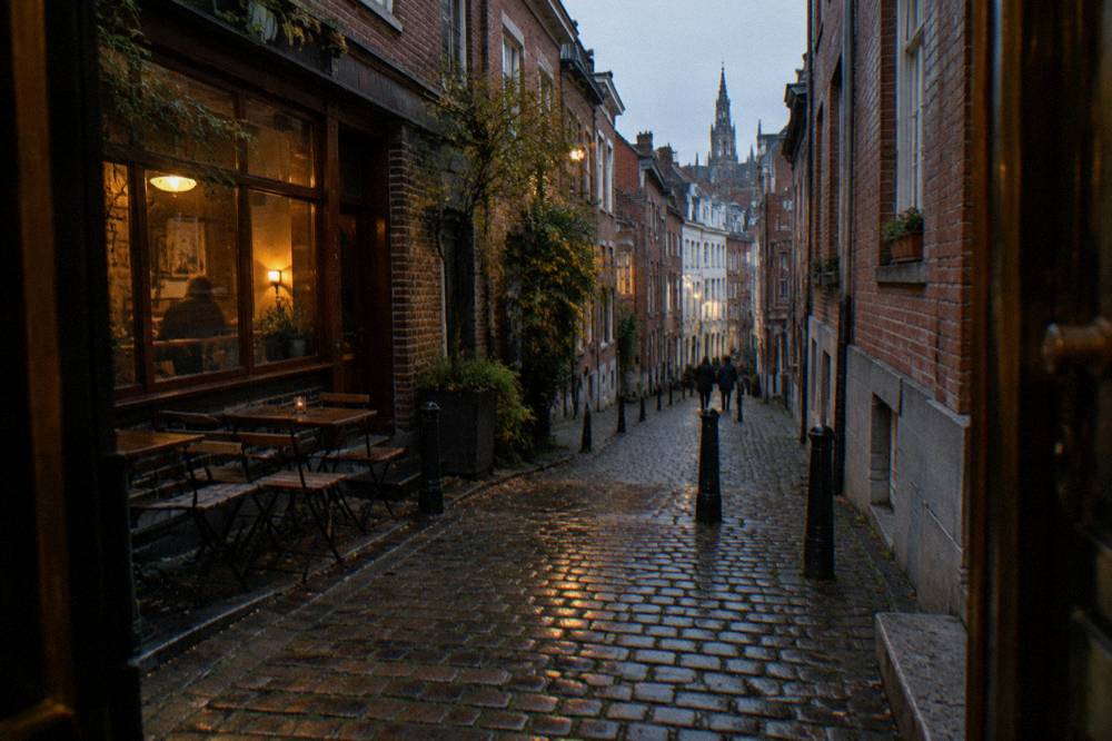 Narrow cobblestone street with old brick buildings and cafe signs