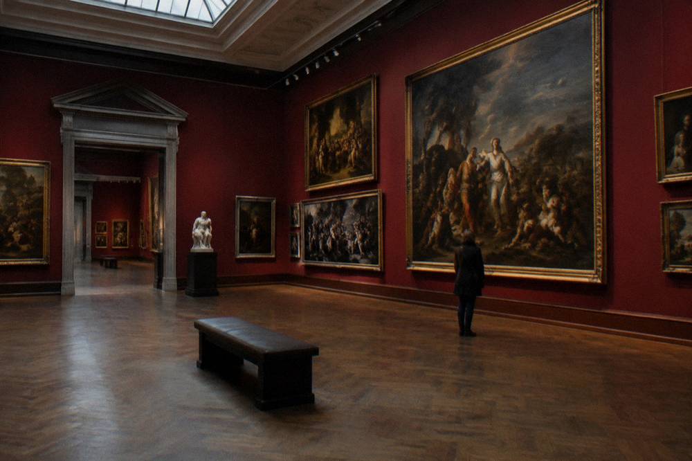Museum gallery interior in Brussels with paintings hung on a deep red wall