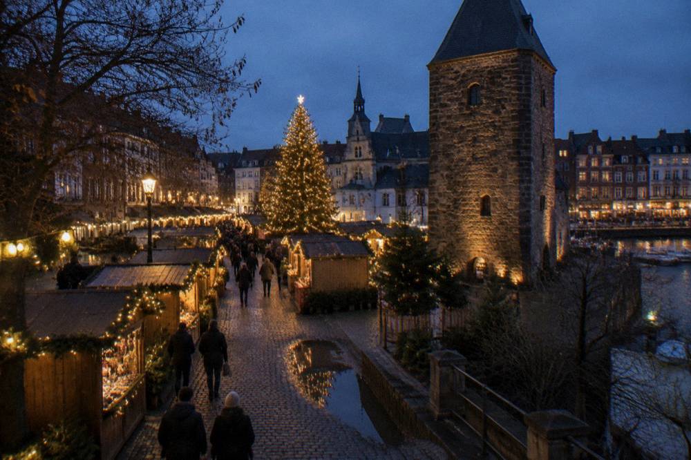 A lit Christmas tree and market lights above an evening square in Brussels