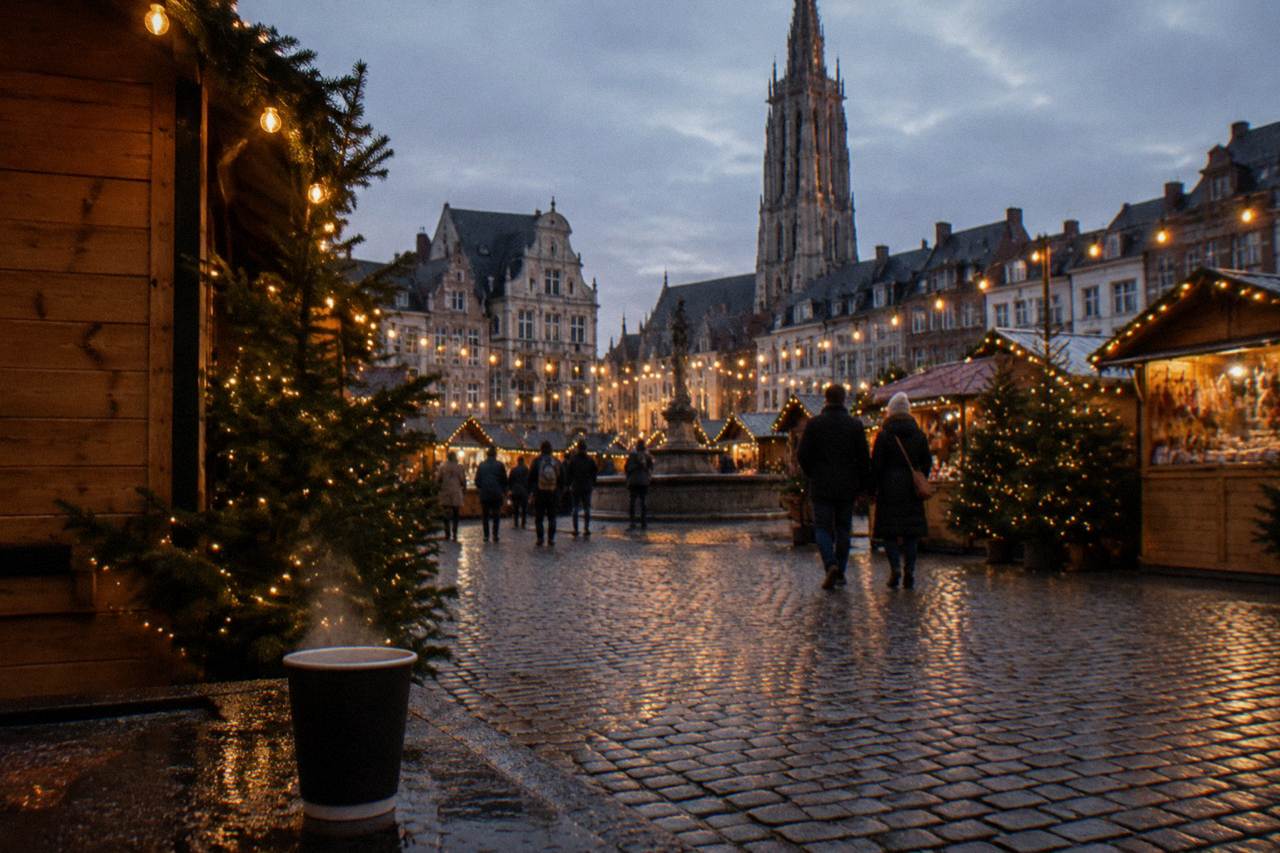 A Christmas market with wooden stalls and lit trees around a historic square in Brussels