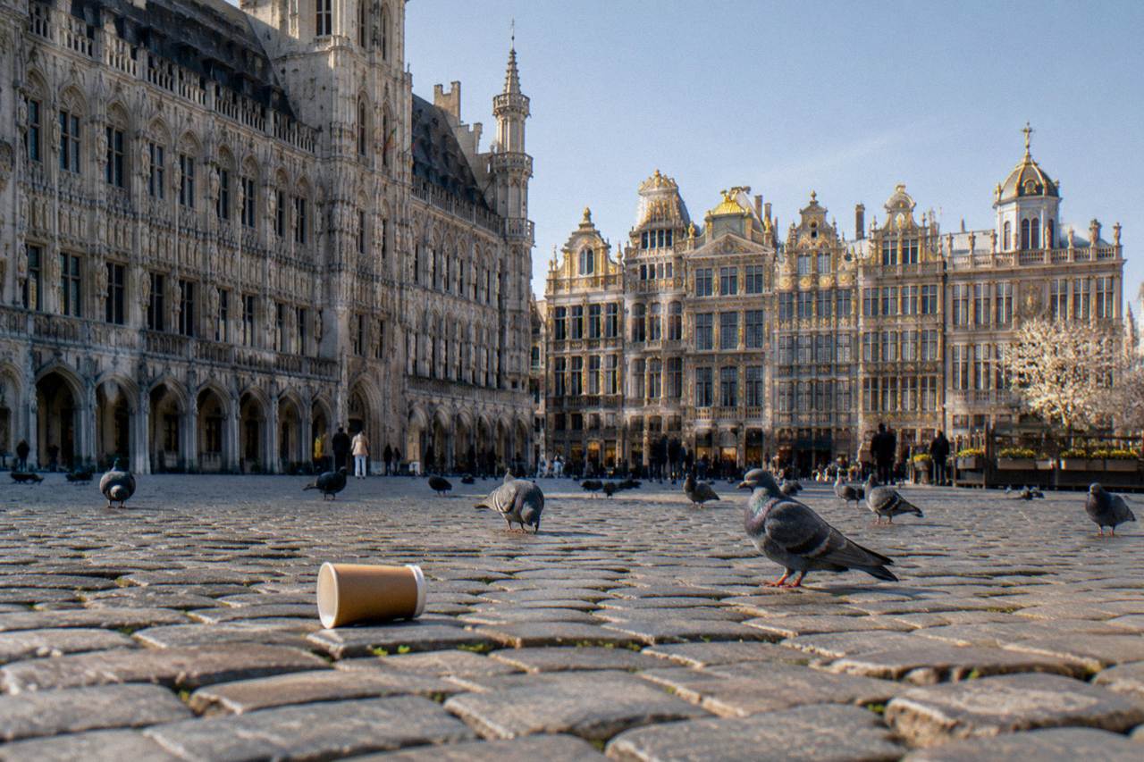 Cobblestone square lined with ornate gilded guildhalls under a daytime sky
