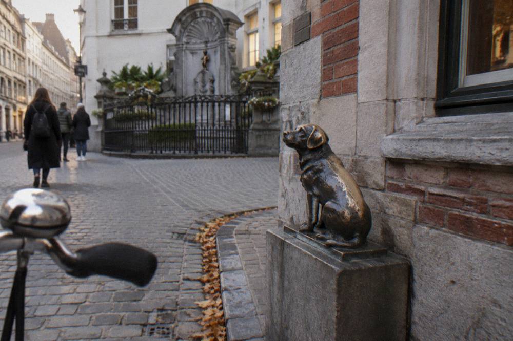 A small dog statue on a Brussels street corner with brick and stone facades behind it