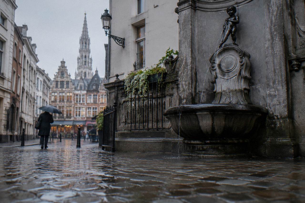 The Manneken Pis fountain statue on its stone base at the corner of a Brussels street