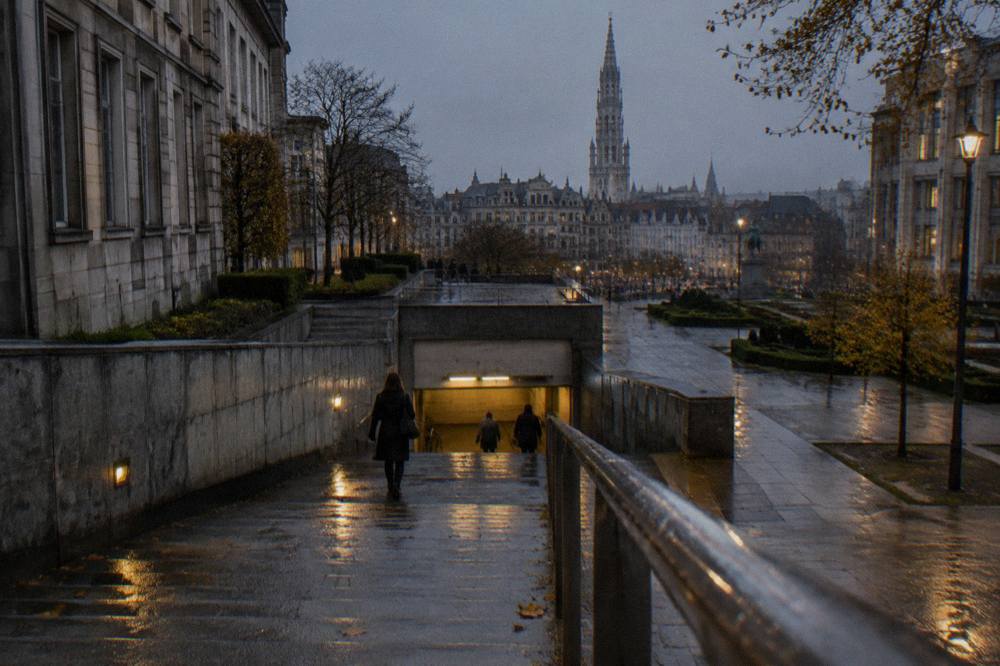 A metro station entrance in Brussels with a wide stairway and station signage