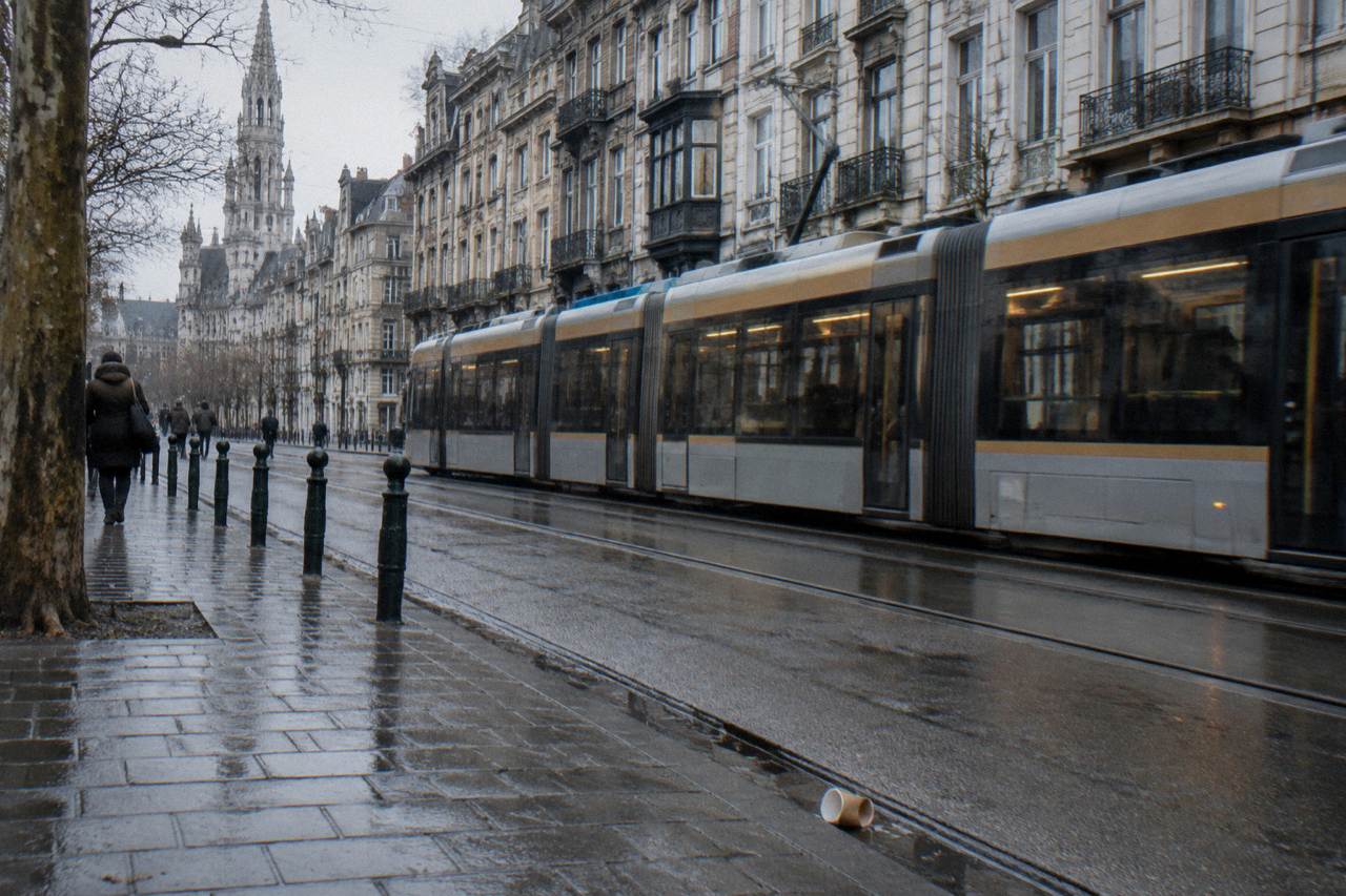 A Brussels tram passing along a city street with townhouses and a wide pavement