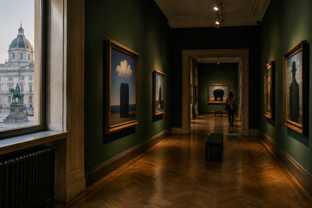 Gallery corridor inside the Magritte Museum in Brussels with paintings on the walls