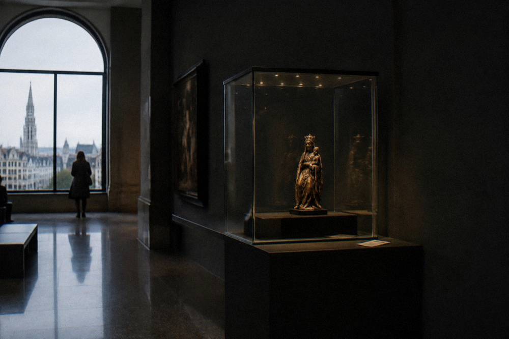 A museum display case in Brussels lit softly against a dark gallery wall