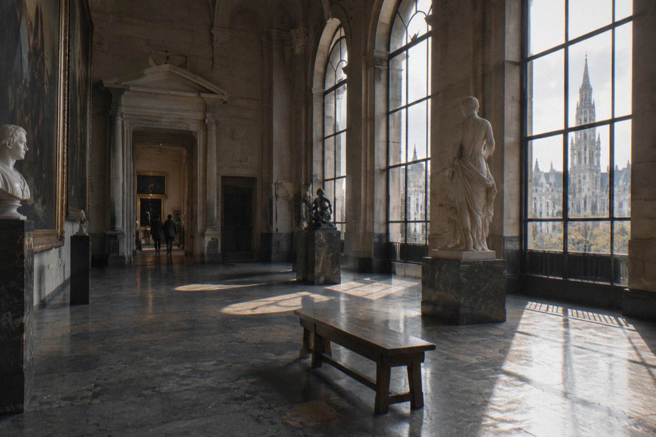 A grand museum gallery in Brussels with tall arched windows and stone floors