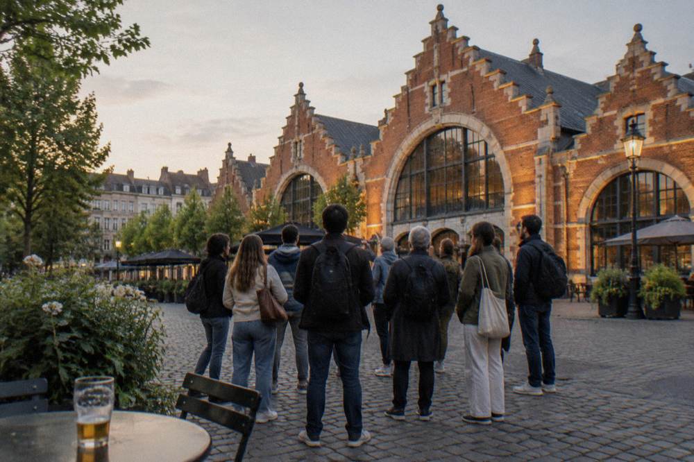 Guided walking tour group gathered on a historic Brussels square