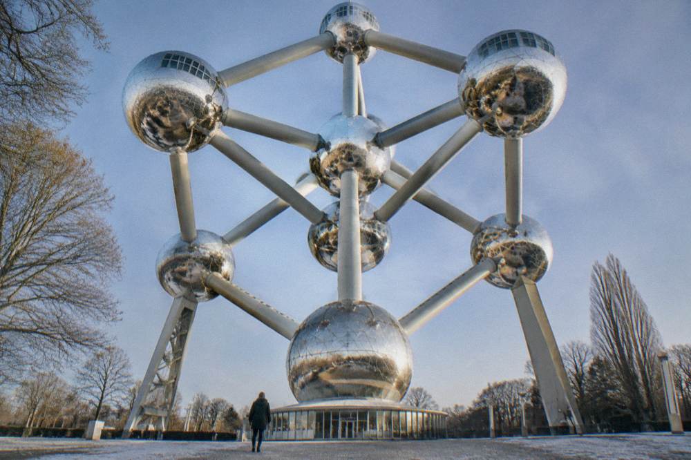 The Atomium structure photographed from below with its spheres and connecting tubes visible