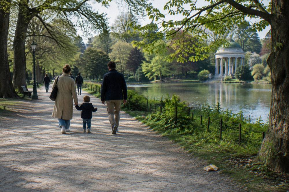 Family walking a park path with a child holding a hand