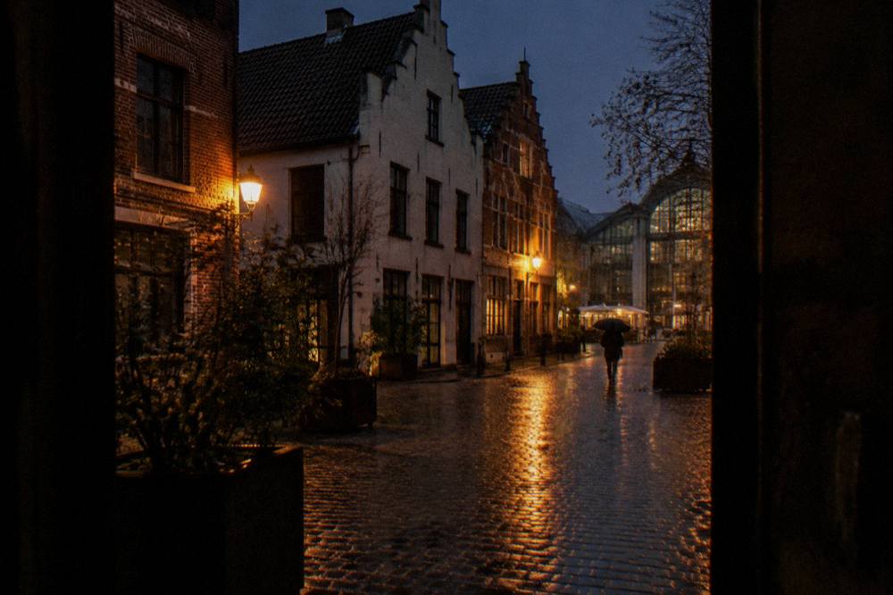 Cobbled street facades in central Brussels in the evening