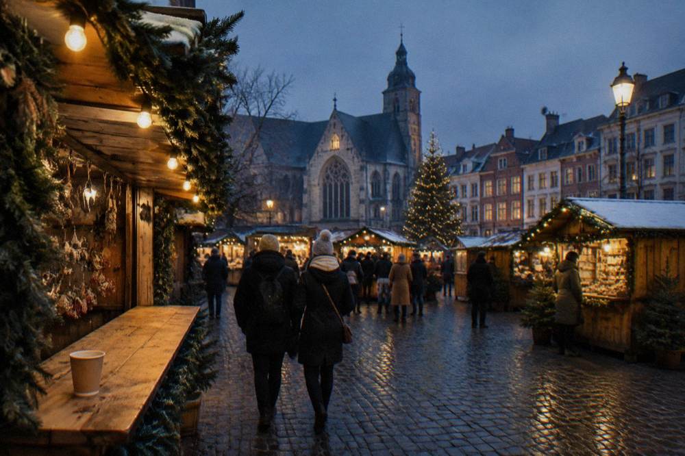 A Christmas market with wooden chalet stalls on a Brussels square