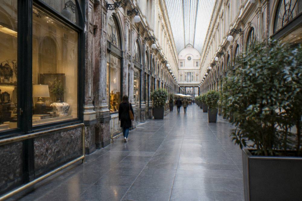 A quiet Brussels arcade with glass roofs and shopfronts seen from the walkway