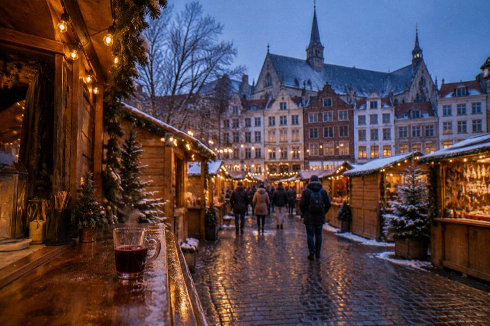 Wooden chalet stalls with warm lights along a market street in Brussels in the evening