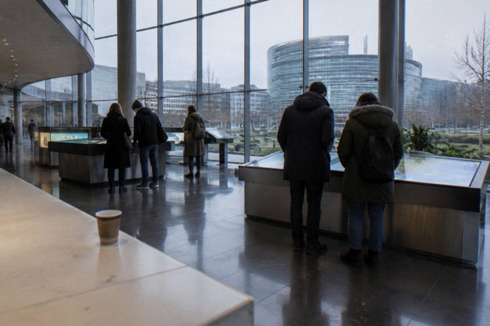 Modern museum interior with glass walls and visitors reading exhibits in Brussels
