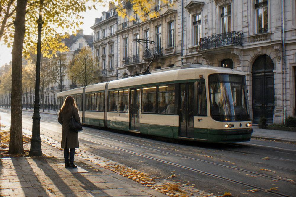 Tram moving along a Brussels street lined with townhouses