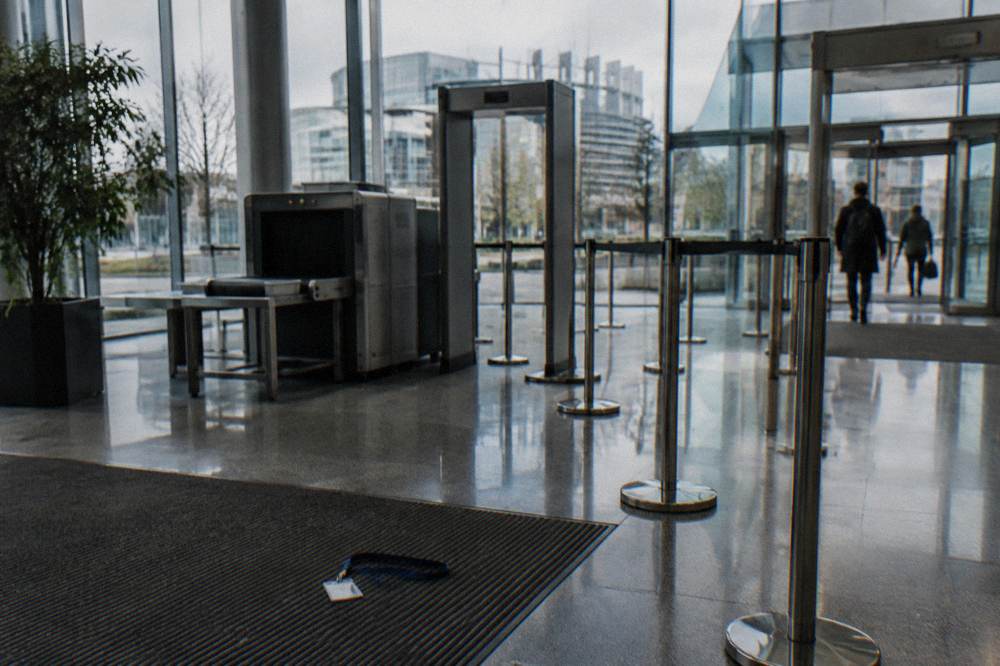 Security screening entrance area of a public building with queue barriers