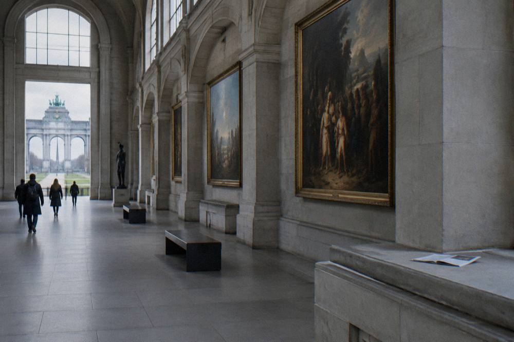 Museum gallery hall with classical paintings hanging on the walls