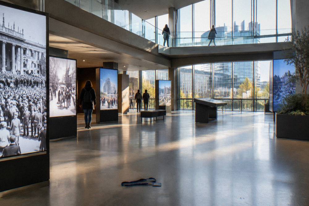 Modern museum exhibition hall with display screens and open walkway