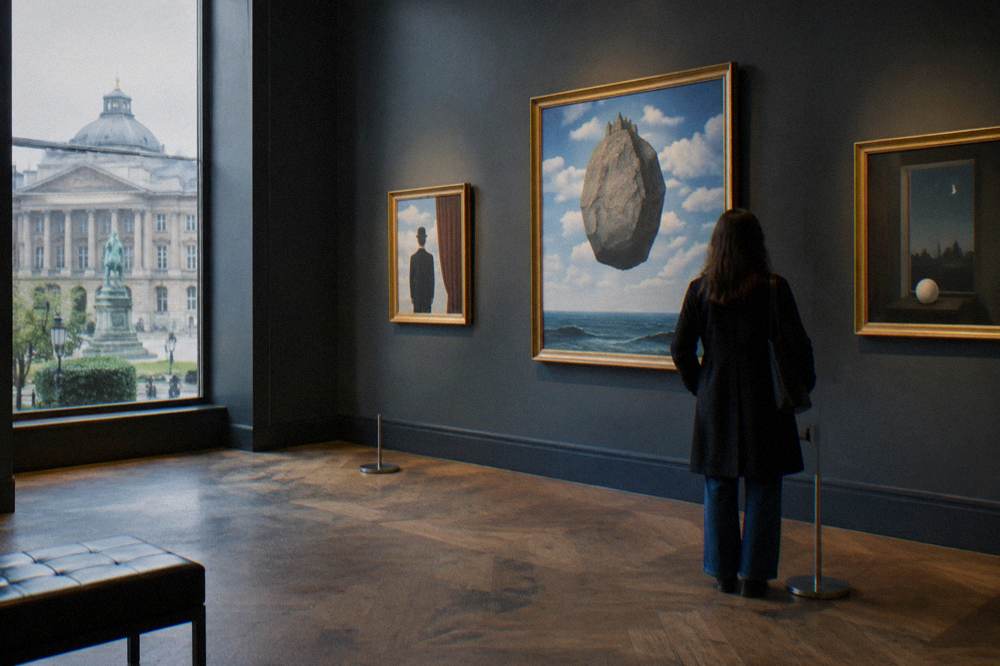 Gallery wall with surrealist paintings and spotlights