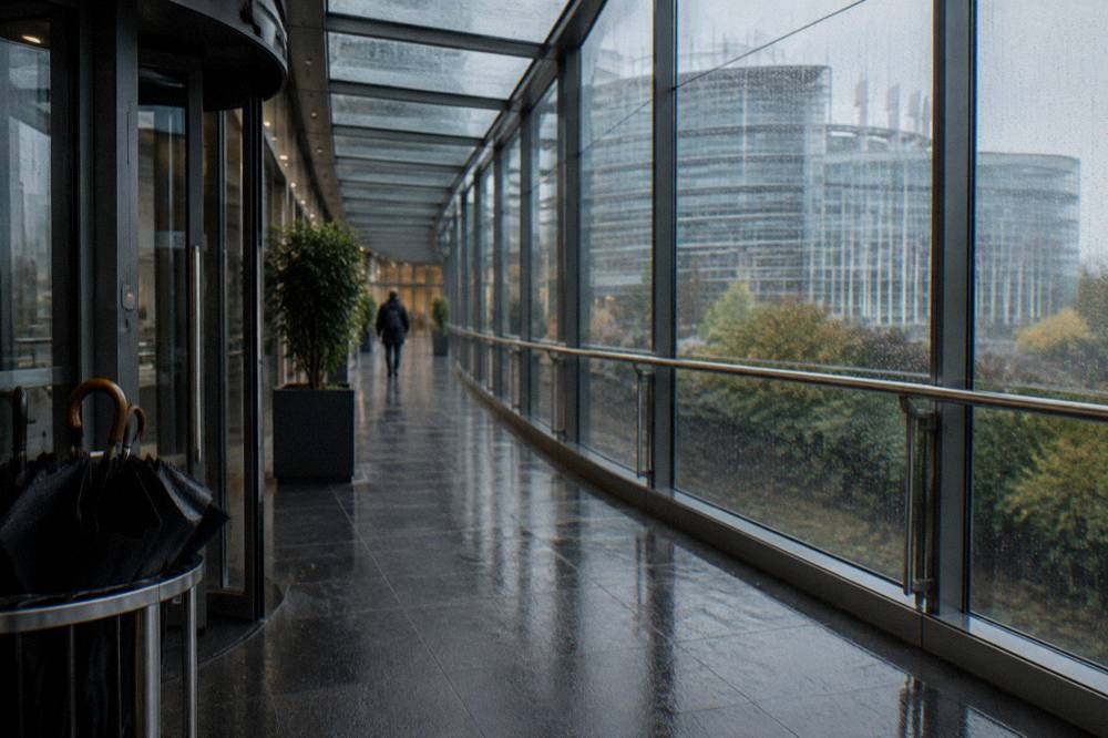 Museum interior corridor with glass ceiling and visitors-free walkway