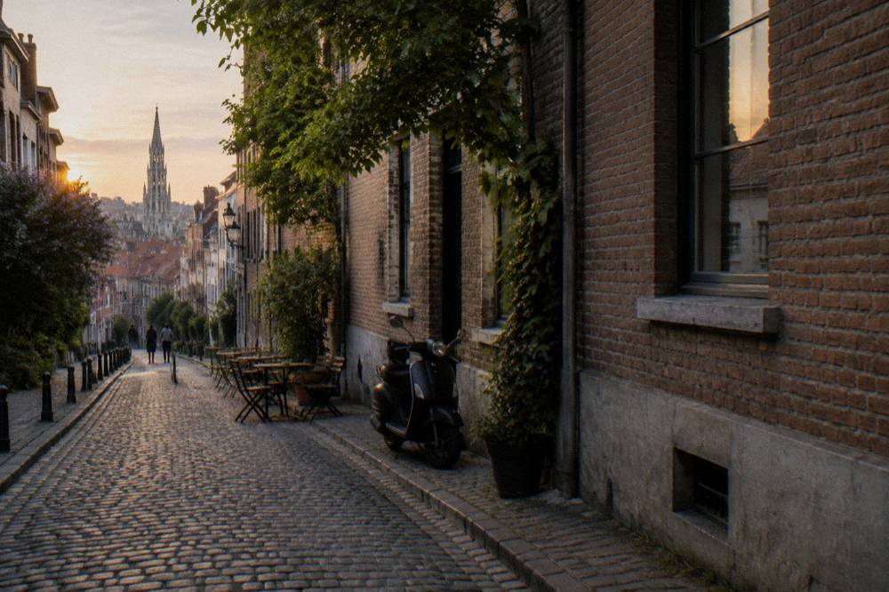 A storyteller gesturing to a small circle of listeners on a cobbled Brussels street
