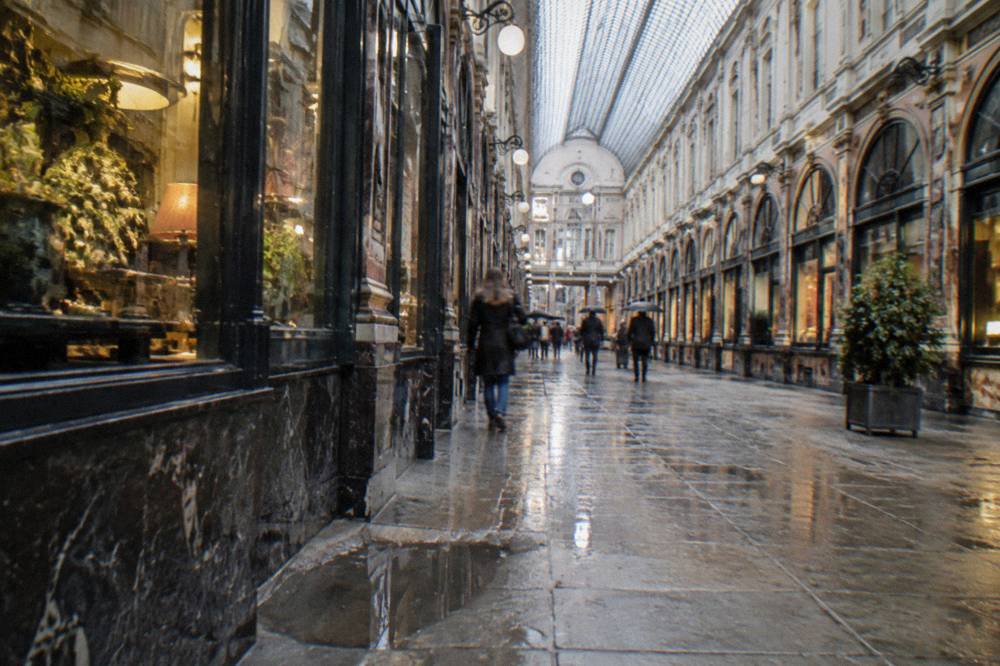 A long view down a covered arcade with a glass vaulted ceiling and symmetric shopfronts on both sides
