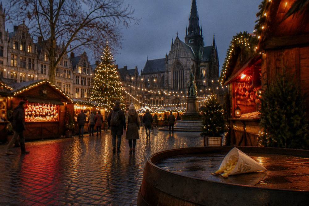 The Winter Wonders market stalls and illuminated Christmas lights across the square after dark