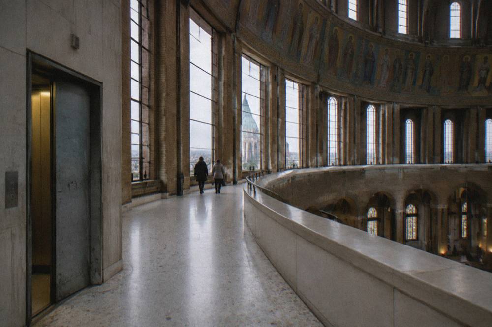 The panorama terrace walkway of the Koekelberg Basilica seen from below the dome