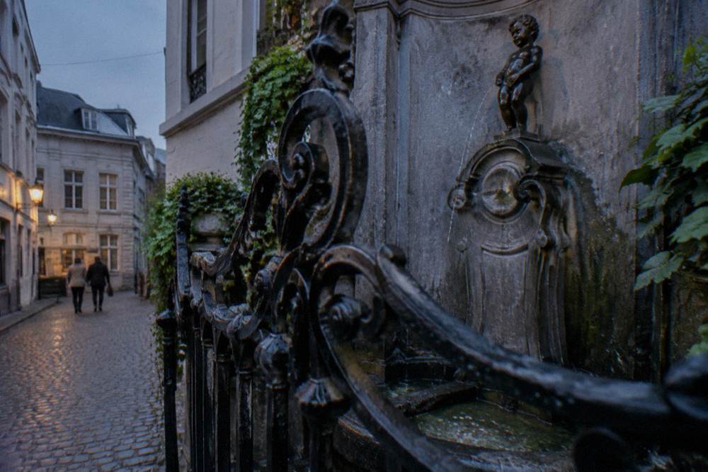 A small fountain statue behind a metal grille at the end of a narrow alley