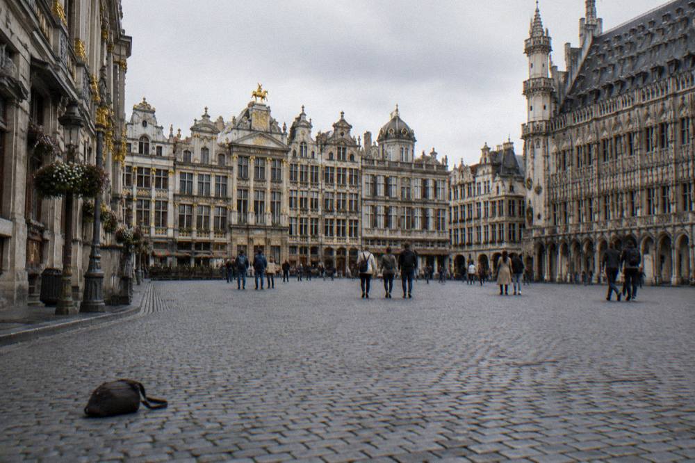 A group of walkers standing with a guide on a cobblestone square in Brussels