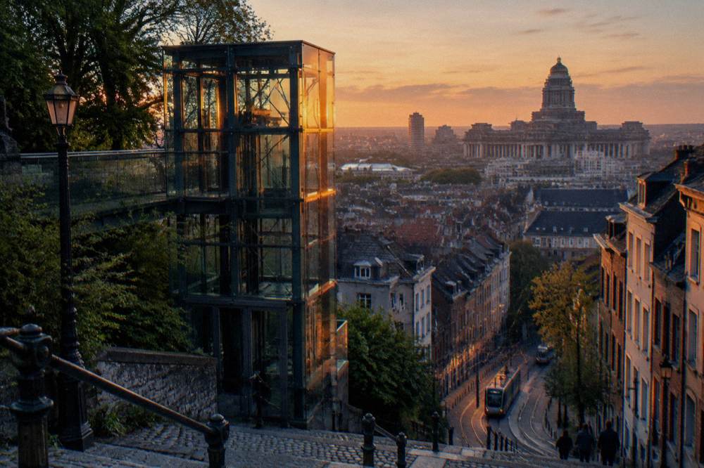 A glass-walled public lift structure on a hillside between an upper square and lower city streets