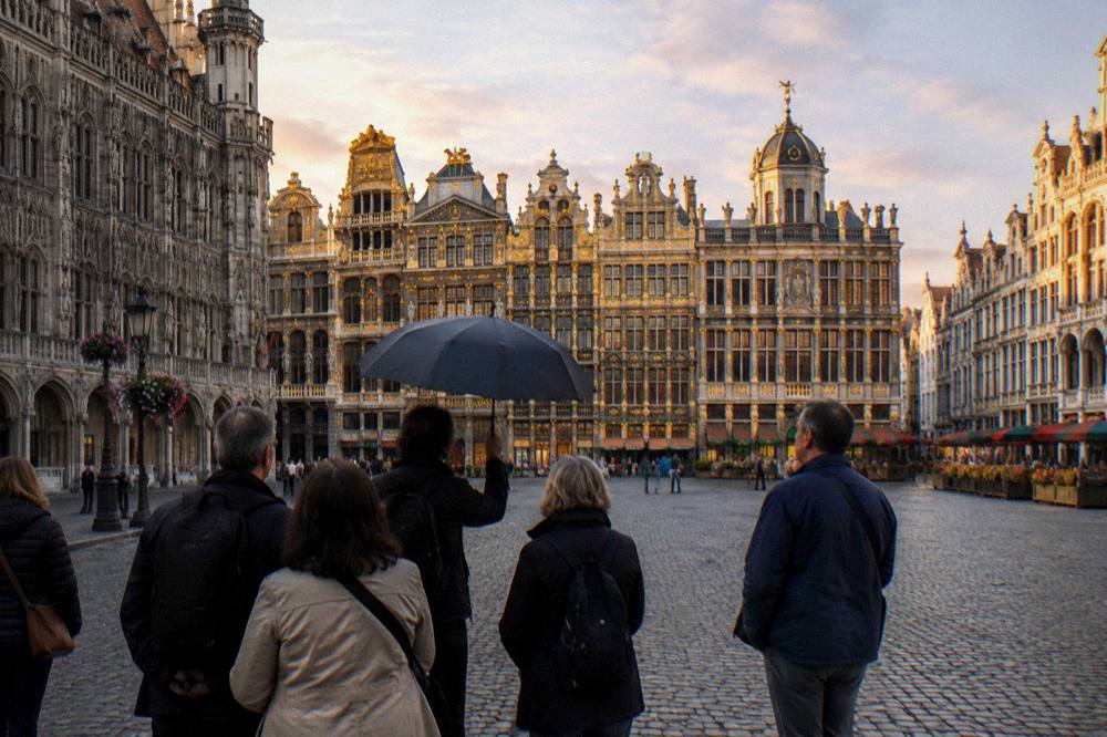 A group of visitors standing with a guide at an open square in Brussels before a walking tour