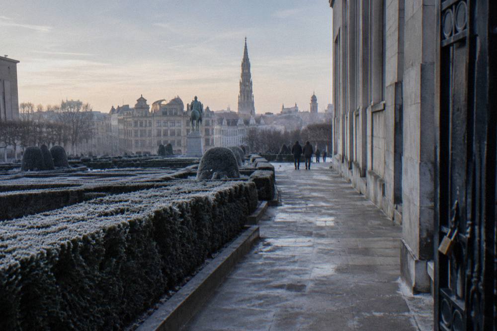 Stone terrace with trimmed hedges and a garden promenade beside a museum building