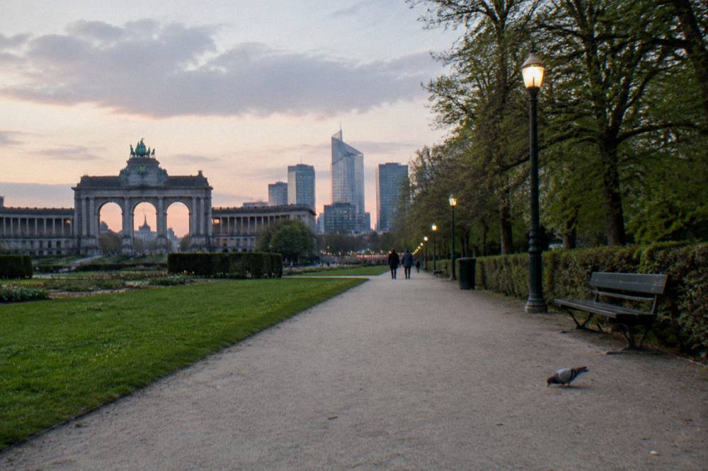 A park path leading toward modern glass buildings of a European institution district