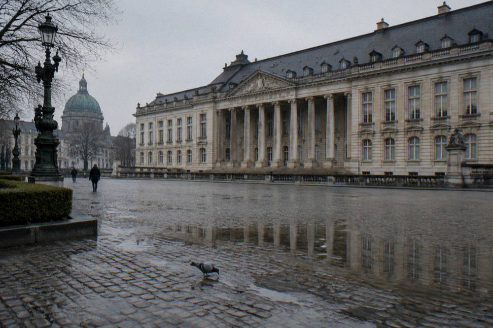 Open stone square in front of the Royal Palace of Brussels with the facade rising behind it