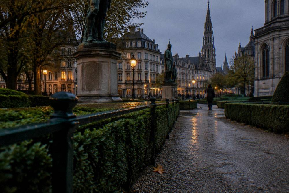 A small garden space with trimmed hedges and stone work in Brussels