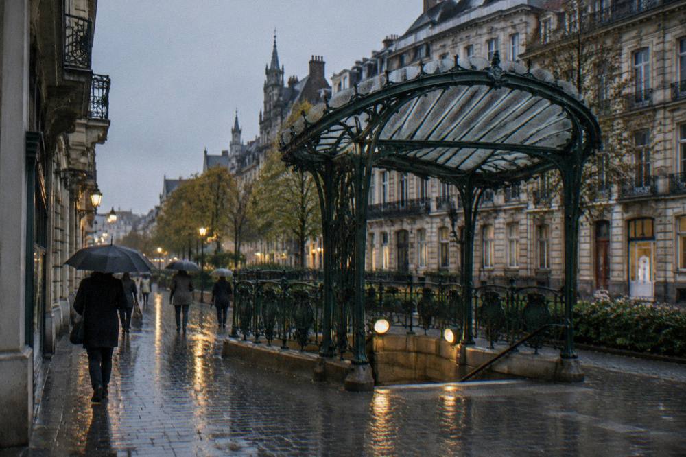 A Brussels metro station entrance on a city street